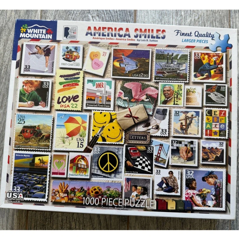 White Mountain America Smiles 1000 Piece Puzzle Postage Stamp Open Box Postal